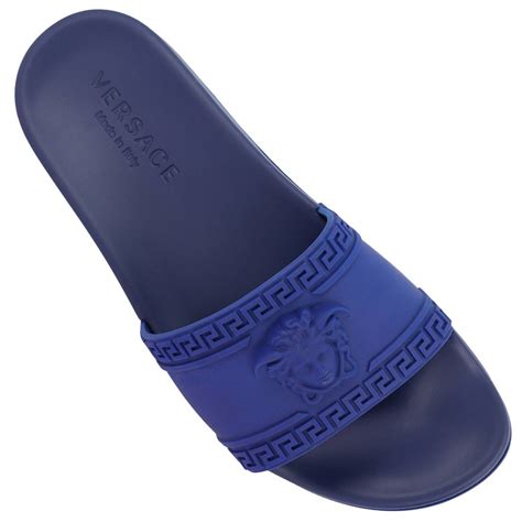 blue and black versace shoes|Versace slippers.